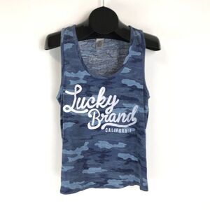 Lucky Brand Blue Camouflage Graphic Tank Women's XL Scoop Neck Sleeveless Logo